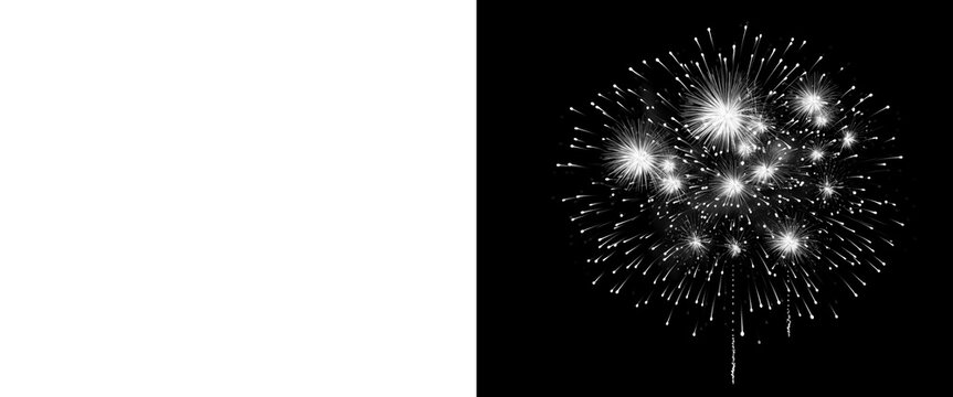 Sparkling white fireworks explosion on black background, festive pyrotechnic burst with alpha channel mask, glowing firework display for celebration