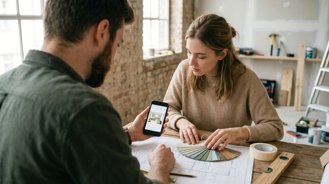 White couple reviewing paint samples and floor plans in a home renovation workspace. Interior design planning with a contractor during a house remodel and room makeover.
