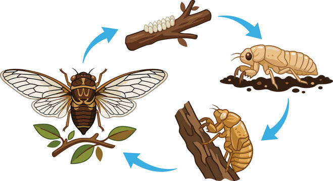 Cicada bug life cycle vector illustration diagram featuring egg clutch on twig underground nymph molting shell and adult flying insect isolated on white background