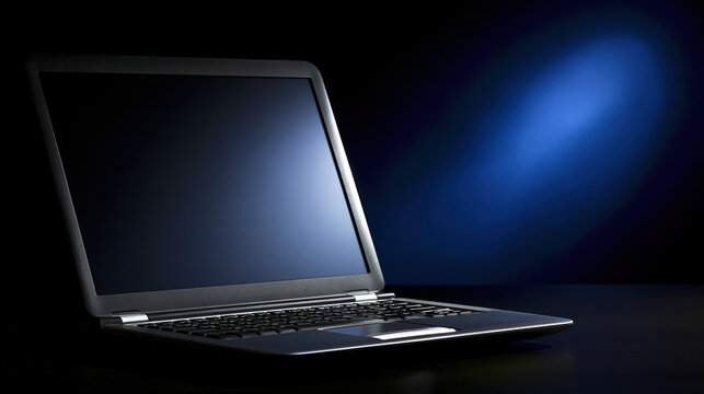 Blank laptop screen on dark blue background with copy space for advertising, modern technology concept