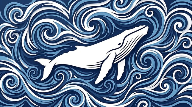 White whale swimming through stylized blue swirling ocean waves