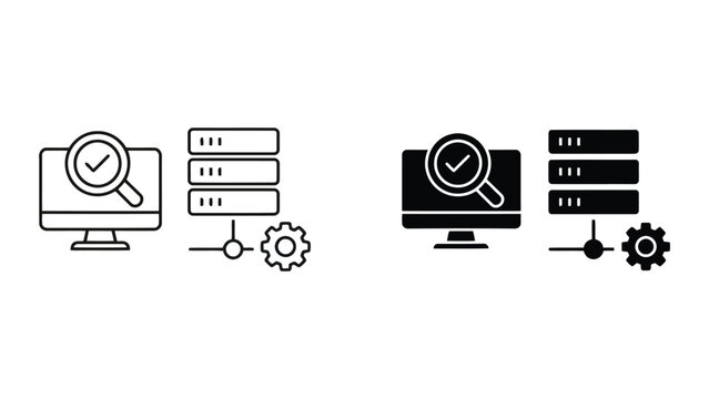 IT system monitoring and server optimization icon set featuring magnifying glass and checkmarks in black and white styles for professional cybersecurity and infrastructure analytics dashboards
