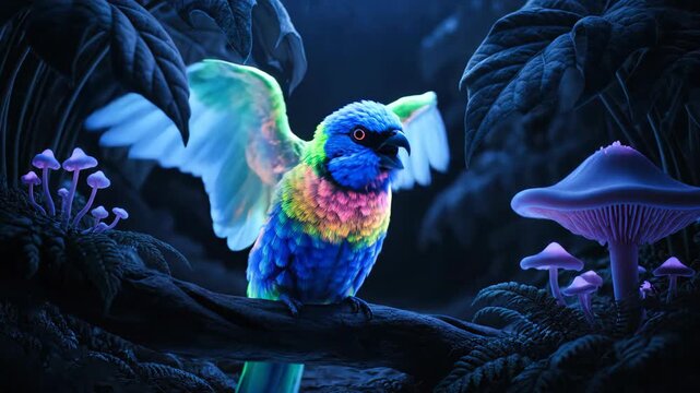Fantasy Forest Colorful Parrot 3D Rendering Material, Night Parrot Exhibition