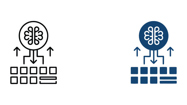 Artificial intelligence model training and machine learning data processing icon set featuring neural network brain symbol with data block input and output for tech concepts in vector style