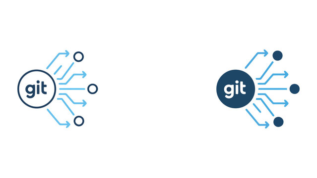 Git version control and software development workflow icon set featuring git logo with branched data nodes for coding repositories and collaborative programming concepts in clean vector design
