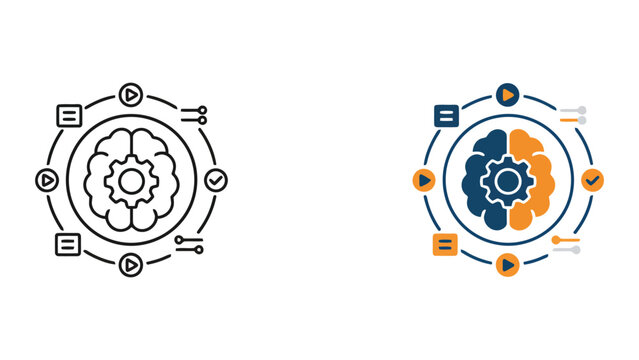 Cognitive computing and brain process optimization icon set featuring brain with gear symbol and connected task nodes for mental efficiency and systems thinking concepts in professional vector