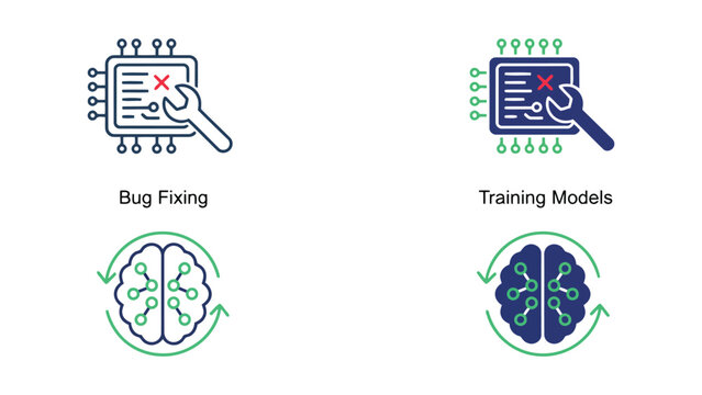 Software bug fixing and training machine learning models icons featuring wrench and gear tools with neural network brain for technical development and engineering concepts