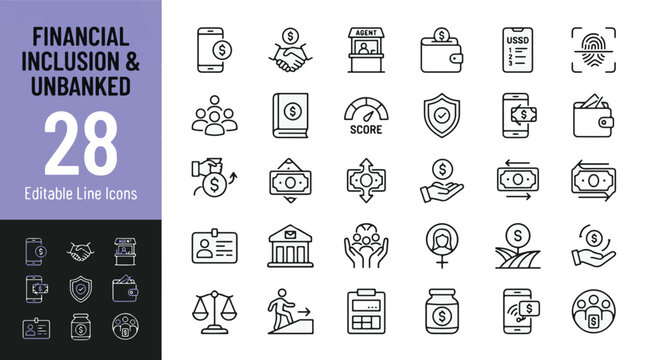 Financial inclusion and unbanked line icon set. Mobile banking, money transfer, microfinance, credit score, digital wallet, agent, USSD and fingerprint signs. Minimalist vector. Editable stroke.