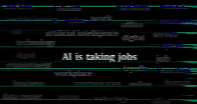 AI is taking jobs headline news across international media. Abstract concept of news titles on noise displays loop. TV glitch effect seamless looped.