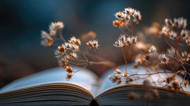 Open book with dried flowers and blurred background