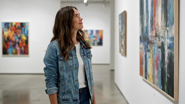 Standing smiling woman in gallery, woman watching exhibition and appreciating art