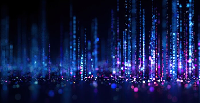 Abstract glowing particles ascend from dark surface, illuminated by vibrant blue and purple light