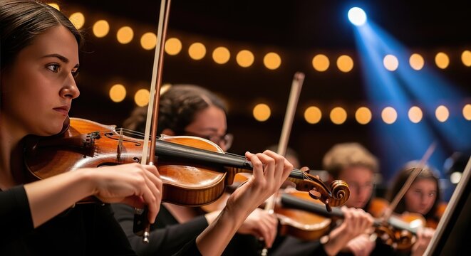 Musicians play violins on stage with spotlights shining down on them performing