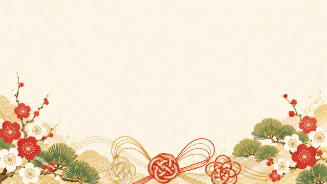 Japanese New Year background with pine, plum blossom and mizuhiki knots on gold, with copy space