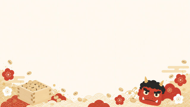Setsubun bean throwing festival background with red demon and roasted beans in a wooden box, with copy space