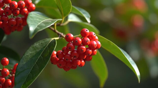 Close-up material of red fruit and green leafy plants, red auspicious fruits
