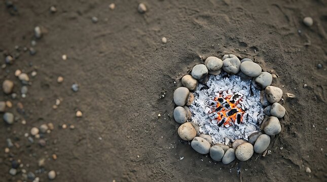 Glowing embers in a stone fire pit on sandy ground