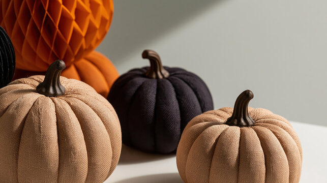 Fabric pumpkin decoration orange and black textile pumpkin display for halloween seasonal retail decor with neutral background