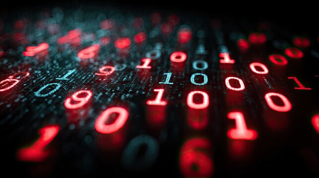 Digital data streams glow with red and blue binary code on a dark background