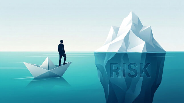 Silhouette of a man in a suit on a paper boat approaches an iceberg with the word "RISK" visible, symbolizing business challenge and unknown danger