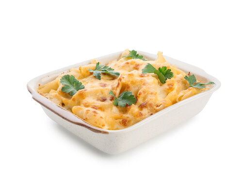 Baked macaroni and cheese casserole with golden brown crust and fresh parsley garnish in a white baking dish, the creamy pasta dish is served in a white baking dish
