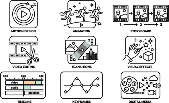 Motion Design and Video Production Line Icons Vector Set