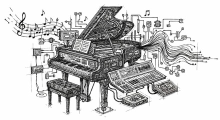 A detailed illustration of a grand piano connected to electronic music equipment, symbolizing the fusion of classical and modern music production. © sen