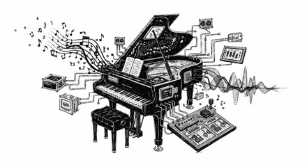 Grand piano connected to various electronic devices, symbolizing the fusion of classical music and modern technology. © sen
