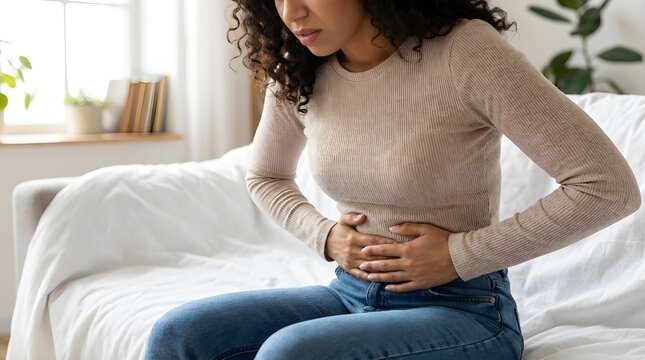 Young woman suffering from severe abdominal pain while sitting on a comfortable bright white sofa