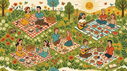 Fototapeta premium Cheerful young adults relax on blankets, enjoying food, music, and conversation in a sunny meadow