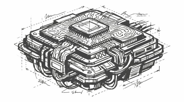 Detailed technical drawing of a futuristic computer chip with intricate wiring and connections, presented in a blueprint style.