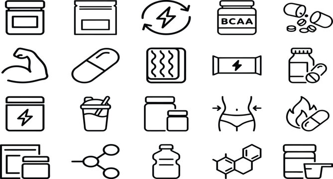 Collection of sports nutrition and fitness supplement icons in a clean black line art style design