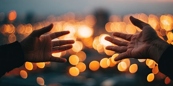 Hands reaching out against a bokeh city lights backdrop