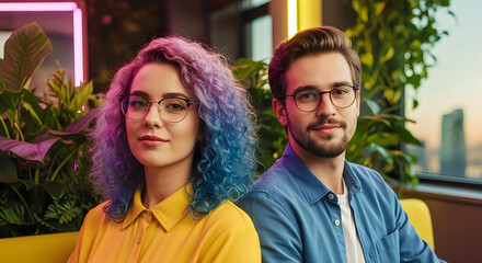 Fototapeta premium Young adults with colorful hair and glasses in a modern office setting with plants