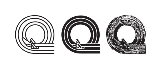 Bobsled or luge track icons featuring a turn, in outline, solid, and hand-drawn sketch styles, ideal for winter sports themes. © Ірина Гринюк