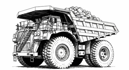 Detailed illustration of a large mining dump truck carrying a load of rocks and minerals. © sen