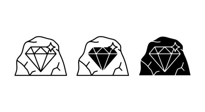 Diamond in Rock Icons, Gemstone Mining Vector Set, Precious Stone Discovery Graphics, Luxury Jewel Icons