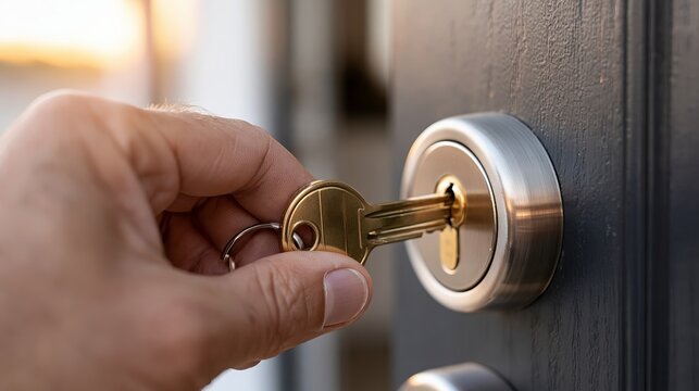 Close up of a person holding a shiny gold key while inserting it into a modern dark gray door lock