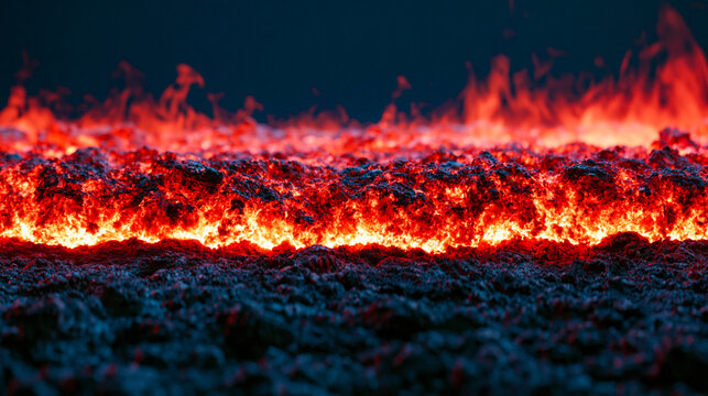 Intense red and orange grudge flames glow on a textured surface. Hot burning embers emit heat against a moody, dark background, creating a powerful abstract effect.