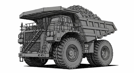 A detailed sketch of a massive mining dump truck loaded with rocks and minerals, isolated on a white background. © sen