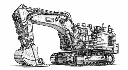 Detailed sketch of a large hydraulic excavator with a massive bucket, isolated on a white background. © sen