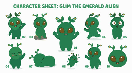 Obraz premium Cute Cartoon Emerald Alien Character Collection Flat Vector Illustration For Commercial Use