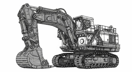 Detailed sketch illustration of a large hydraulic excavator with a massive bucket, ready for heavy-duty construction work. © sen
