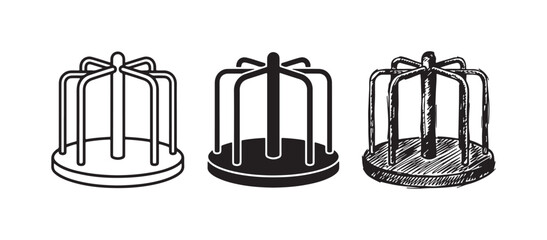 Playground merry-go-round icons set in line art, silhouette, and hand-drawn sketch styles for children's play equipment. © Ірина Гринюк