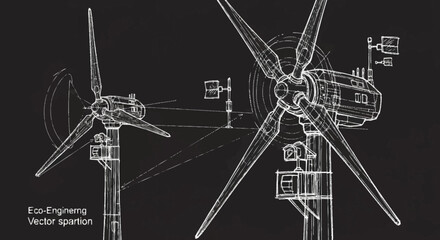 Detailed technical drawing of a modern wind turbine, showcasing its components and engineering design on a black background. © sen