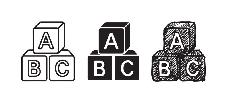Set of three children's ABC alphabet blocks icons, arranged in a stack, depicted in outline, solid, and hand-drawn sketch styles.
