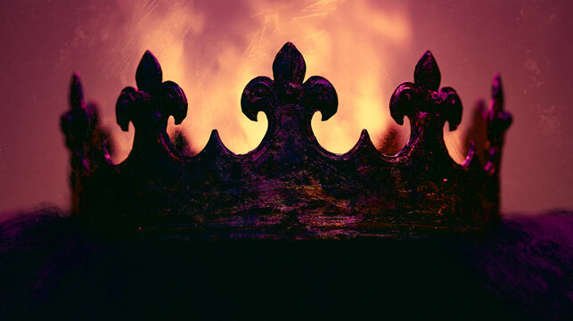 A dark, abstract medieval crown stands against a dramatic background of fractured light.