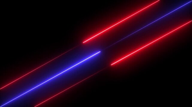 Abstract red and blue neon lines moving up seamless background with fluorescent ultraviolet glowing strokes.