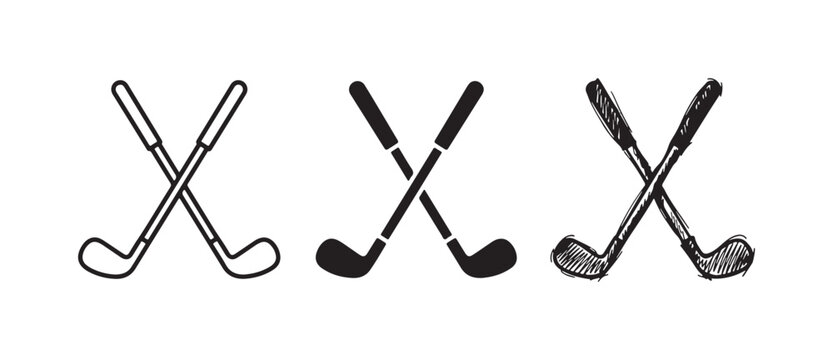 Set of crossed golf clubs icons in outline, solid, and hand-drawn styles, representing golf sports and leisure activities.