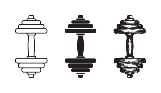 Vertical dumbbell icon set with stacked plates in outline, solid, and hand-drawn styles.